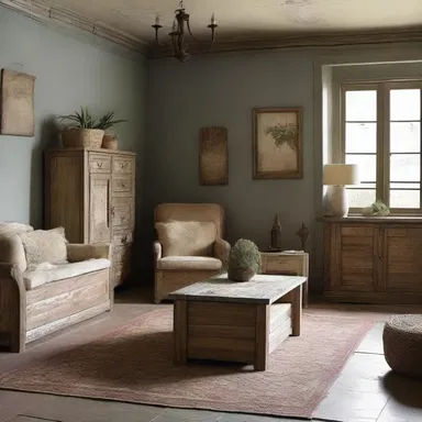 The distressed wooden furniture gave the room a rustic and worn-out look, adding character to the overall design.