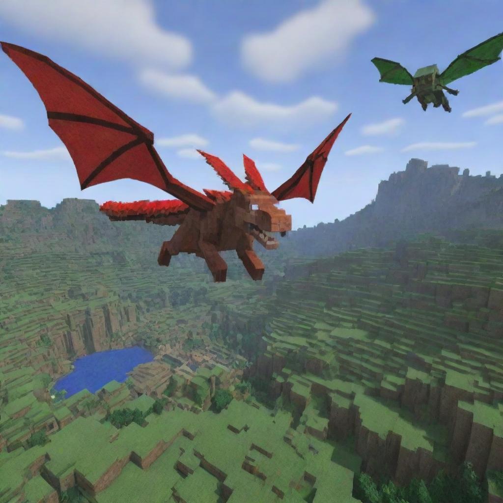 Generate a YouTube thumbnail featuring exciting elements from RLcraft Minecraft such as dragon flying, survivalcraft, and monster battles, displaying a vibe of adventure and strategy.