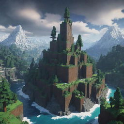 Transform the initial RLcraft Minecraft themed thumbnail to include a breathtaking and challenging landscape with a gloomy forest, frost-laden snowy mountains, and stormy skies as a vibrant backdrop.