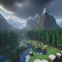 Transform the initial RLcraft Minecraft themed thumbnail to include a breathtaking and challenging landscape with a gloomy forest, frost-laden snowy mountains, and stormy skies as a vibrant backdrop.