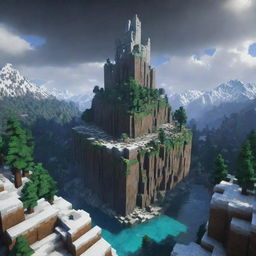 Transform the initial RLcraft Minecraft themed thumbnail to include a breathtaking and challenging landscape with a gloomy forest, frost-laden snowy mountains, and stormy skies as a vibrant backdrop.