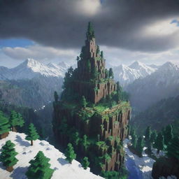 Transform the initial RLcraft Minecraft themed thumbnail to include a breathtaking and challenging landscape with a gloomy forest, frost-laden snowy mountains, and stormy skies as a vibrant backdrop.