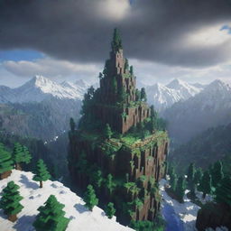 Transform the initial RLcraft Minecraft themed thumbnail to include a breathtaking and challenging landscape with a gloomy forest, frost-laden snowy mountains, and stormy skies as a vibrant backdrop.