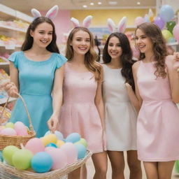 An Easter expo scene showcasing a beautiful girl with her friends, engaged in an exciting shopping spree.