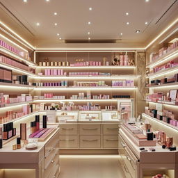 A luxurious cosmetics shop interior with elegant displays, a diverse range of makeup products, well-organized shelves, and soft ambient lighting.