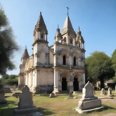 The Gothic style of the church featured intricately designed graves and tombs in its surroundings.