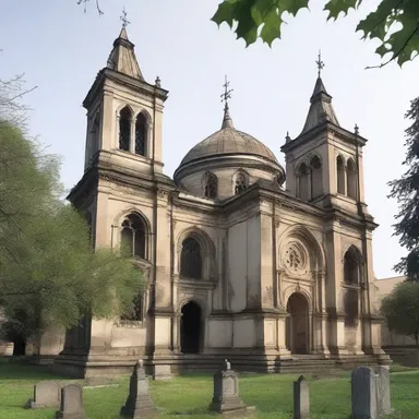 The Gothic style of the church featured intricately designed graves and tombs in its surroundings.