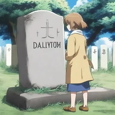 The main character discovers a mysterious gravestone in the anime.