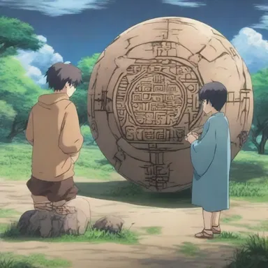 In the anime series, the main character discovers an ancient artifact with strange symbols graved on its surface.