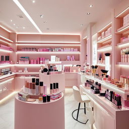 A luxurious cosmetics shop interior with elegant displays, a diverse range of makeup products, well-organized shelves, and soft ambient lighting.