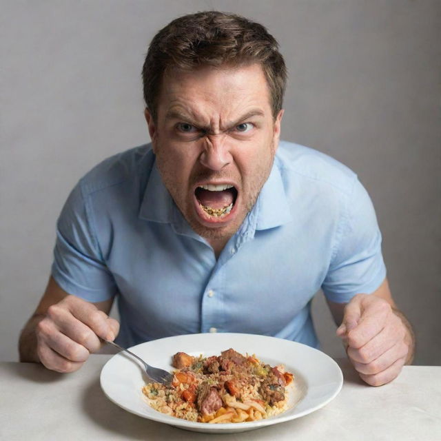 A man with an angry expression on his face, voraciously eating a plate full of food