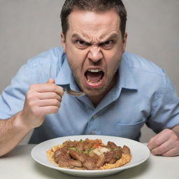 A man with an angry expression on his face, voraciously eating a plate full of food