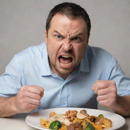 A man with an angry expression on his face, voraciously eating a plate full of food