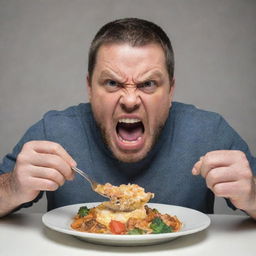 A man with an angry expression on his face, voraciously eating a plate full of food