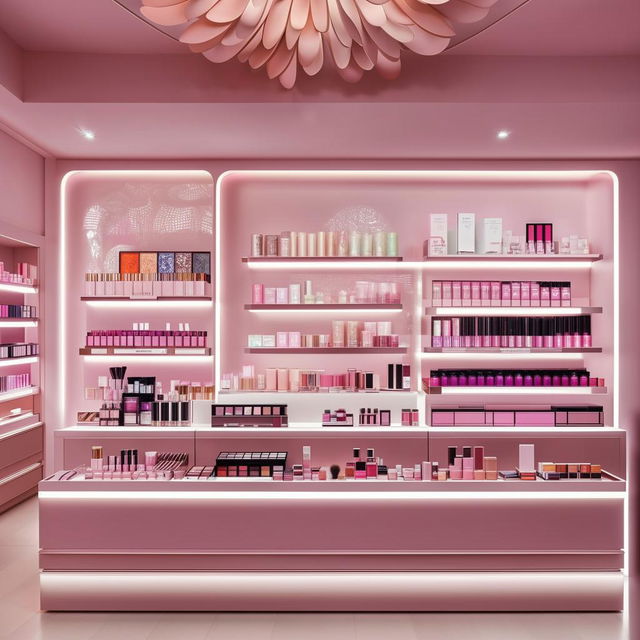 A luxurious cosmetics shop interior with elegant displays, a diverse range of makeup products, well-organized shelves, and soft ambient lighting.