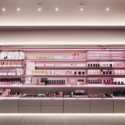 A luxurious cosmetics shop interior with elegant displays, a diverse range of makeup products, well-organized shelves, and soft ambient lighting.