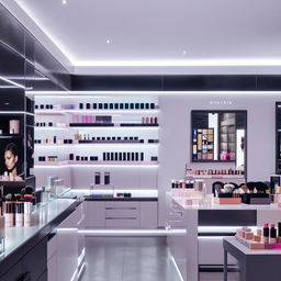 Sleek, high-end cosmetics shop with minimalist design, spotlit shelves of premium beauty products, and an interactive makeup testing area.