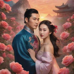 Fantasy-themed poster featuring a charismatic Chinese male lead and a historically beautiful lady, both amidst an enchanting scenery filled with countless blooming roses and a breath-taking sunset in the background.