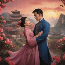 Fantasy-themed poster featuring a charismatic Chinese male lead and a historically beautiful lady, both amidst an enchanting scenery filled with countless blooming roses and a breath-taking sunset in the background.