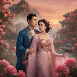 Fantasy-themed poster featuring a charismatic Chinese male lead and a historically beautiful lady, both amidst an enchanting scenery filled with countless blooming roses and a breath-taking sunset in the background.