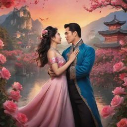 Fantasy-themed poster featuring a charismatic Chinese male lead and a historically beautiful lady, both amidst an enchanting scenery filled with countless blooming roses and a breath-taking sunset in the background.