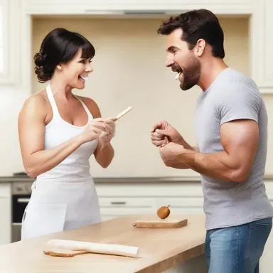 The couple in the romantic comedy shared a playful food fight, using a rolling pin as a makeshift weapon.