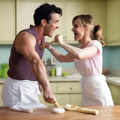 The couple in the romantic comedy shared a playful food fight, using a rolling pin as a makeshift weapon.