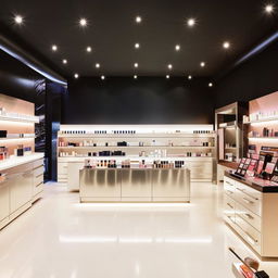 Sleek, high-end cosmetics shop with minimalist design, spotlit shelves of premium beauty products, and an interactive makeup testing area.