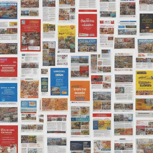 Generate an image of a collection of various business advertisement posters clustered together.