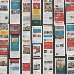 Generate an image of a collection of various business advertisement posters clustered together.