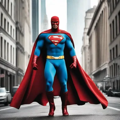 The superhero's cape flowed outward behind him as he flew through the city.