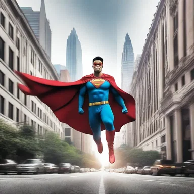 The superhero's cape flowed outward behind him as he flew through the city.