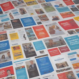 Generate an image of a collection of various business advertisement posters clustered together.