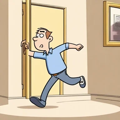 In the cartoon, the character takes an outward step towards the door.