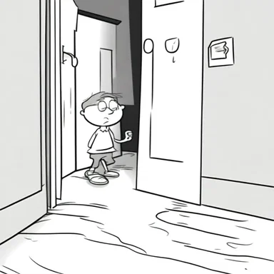 In the cartoon, the character takes an outward step towards the door.