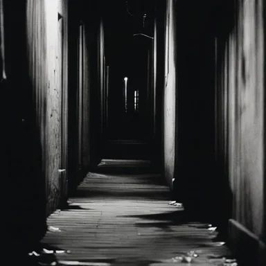 The horror movie begins with an outward movement of the camera from a dark alley.