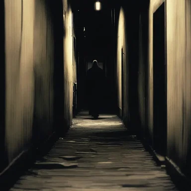 The horror movie begins with an outward movement of the camera from a dark alley.