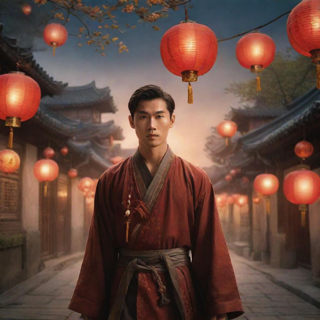 Fantasy poster starring a Chinese male lead and a historical beauty amidst a magical scenery filled with hanging lanterns that cast an intimate, warm glow, creating an alluring and dreamy atmosphere.