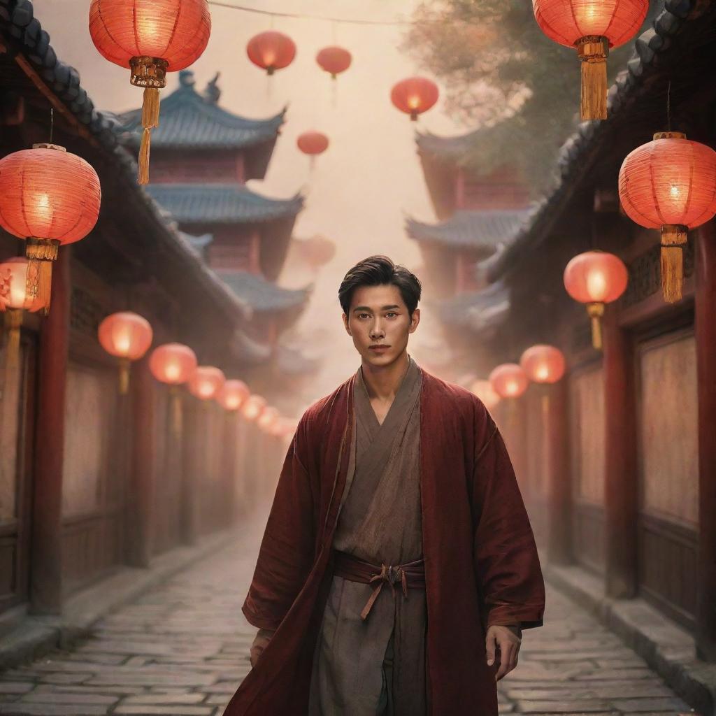 Fantasy poster starring a Chinese male lead and a historical beauty amidst a magical scenery filled with hanging lanterns that cast an intimate, warm glow, creating an alluring and dreamy atmosphere.