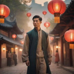 Fantasy poster starring a Chinese male lead and a historical beauty amidst a magical scenery filled with hanging lanterns that cast an intimate, warm glow, creating an alluring and dreamy atmosphere.