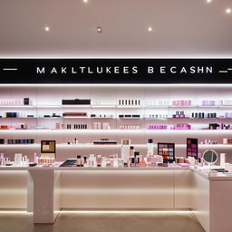 Sleek, high-end cosmetics shop with minimalist design, spotlit shelves of premium beauty products, and an interactive makeup testing area.