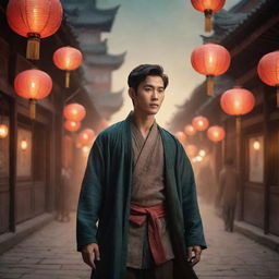 Fantasy poster starring a Chinese male lead and a historical beauty amidst a magical scenery filled with hanging lanterns that cast an intimate, warm glow, creating an alluring and dreamy atmosphere.