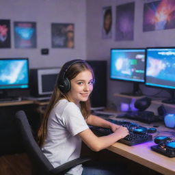 A cheerful, cute girl with sparkling eyes engrossed in her gaming session, surrounded by a well-organized, illumined room filled with various gaming consoles, colorful posters, and a high-end computer setup.