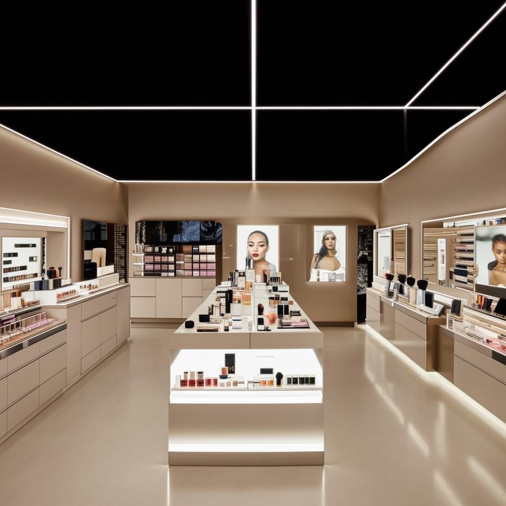 Sleek, high-end cosmetics shop with minimalist design, spotlit shelves of premium beauty products, and an interactive makeup testing area.