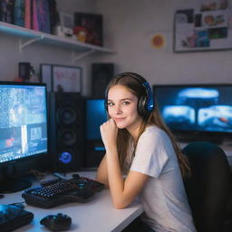 A cheerful, cute girl with sparkling eyes engrossed in her gaming session, surrounded by a well-organized, illumined room filled with various gaming consoles, colorful posters, and a high-end computer setup.