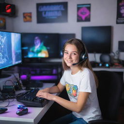 A cheerful, cute girl with sparkling eyes engrossed in her gaming session, surrounded by a well-organized, illumined room filled with various gaming consoles, colorful posters, and a high-end computer setup.