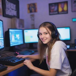 A cheerful, cute girl with sparkling eyes engrossed in her gaming session, surrounded by a well-organized, illumined room filled with various gaming consoles, colorful posters, and a high-end computer setup.