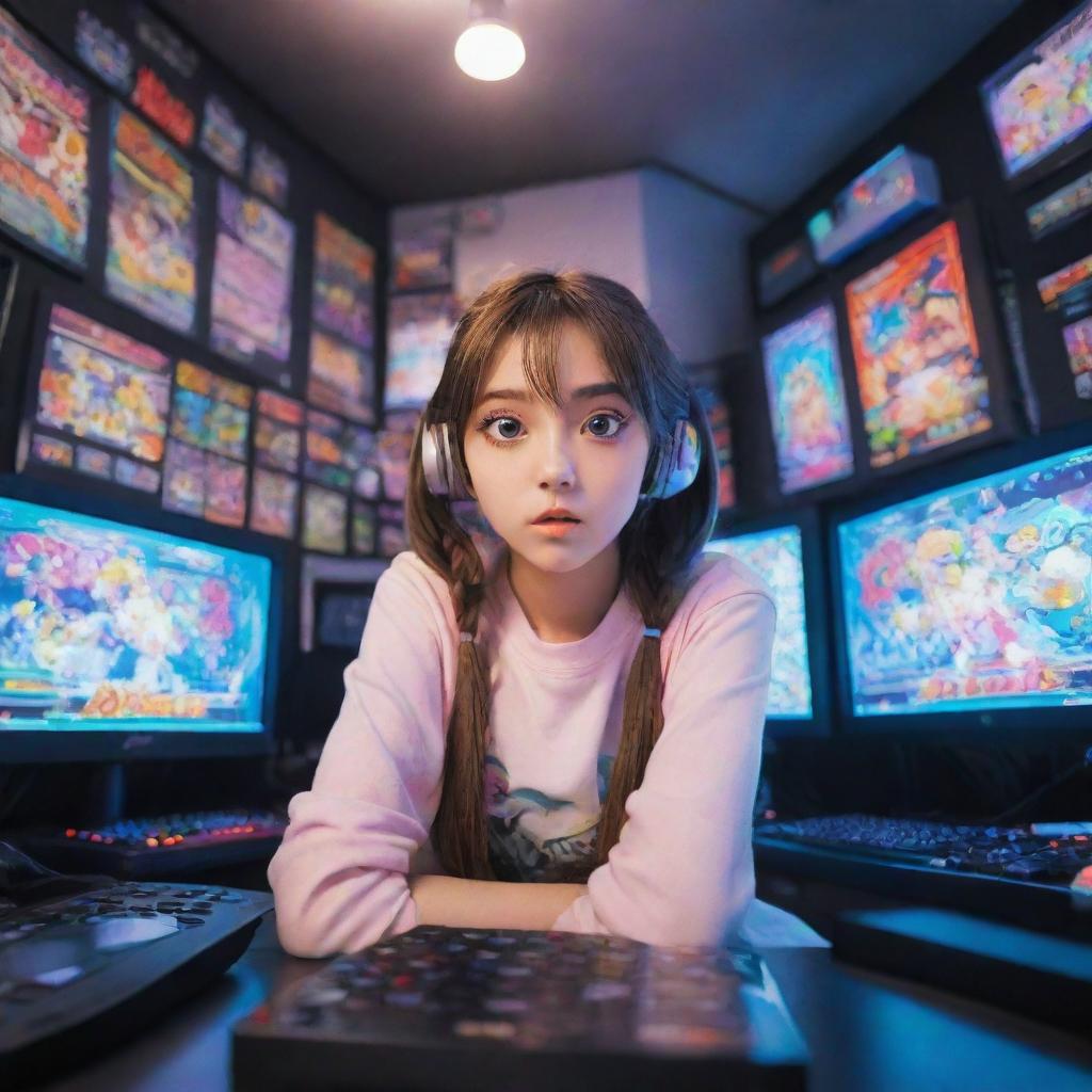 An adorable anime-style girl with big, expressive eyes, engrossed in a high-stakes game. She's in a vibrant and detailed gaming room, filled with colorful gaming posters, state-of-the-art consoles, and an impressive computer setup.