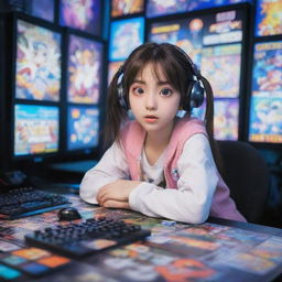 An adorable anime-style girl with big, expressive eyes, engrossed in a high-stakes game. She's in a vibrant and detailed gaming room, filled with colorful gaming posters, state-of-the-art consoles, and an impressive computer setup.