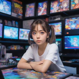 An adorable anime-style girl with big, expressive eyes, engrossed in a high-stakes game. She's in a vibrant and detailed gaming room, filled with colorful gaming posters, state-of-the-art consoles, and an impressive computer setup.